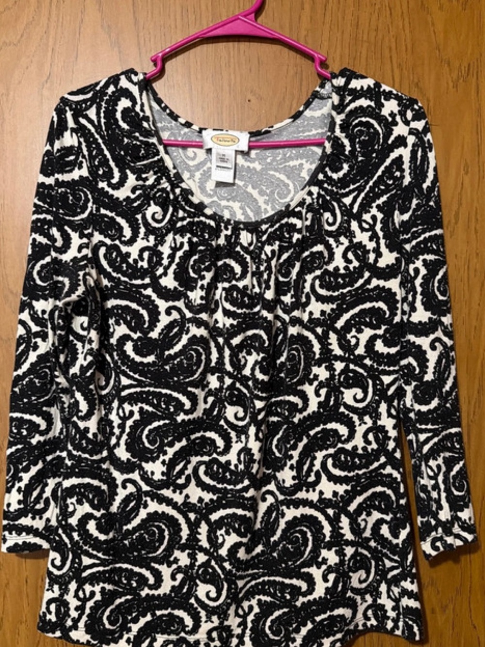 Talbots Black and White Paisley Long Sleeve Scoop Neck Top